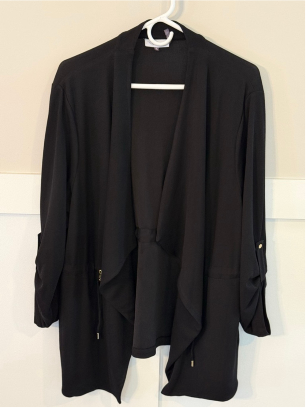 Calvin Klein XL Black Open Front Drape Cardigan Jacket Roll Tab Sleeves